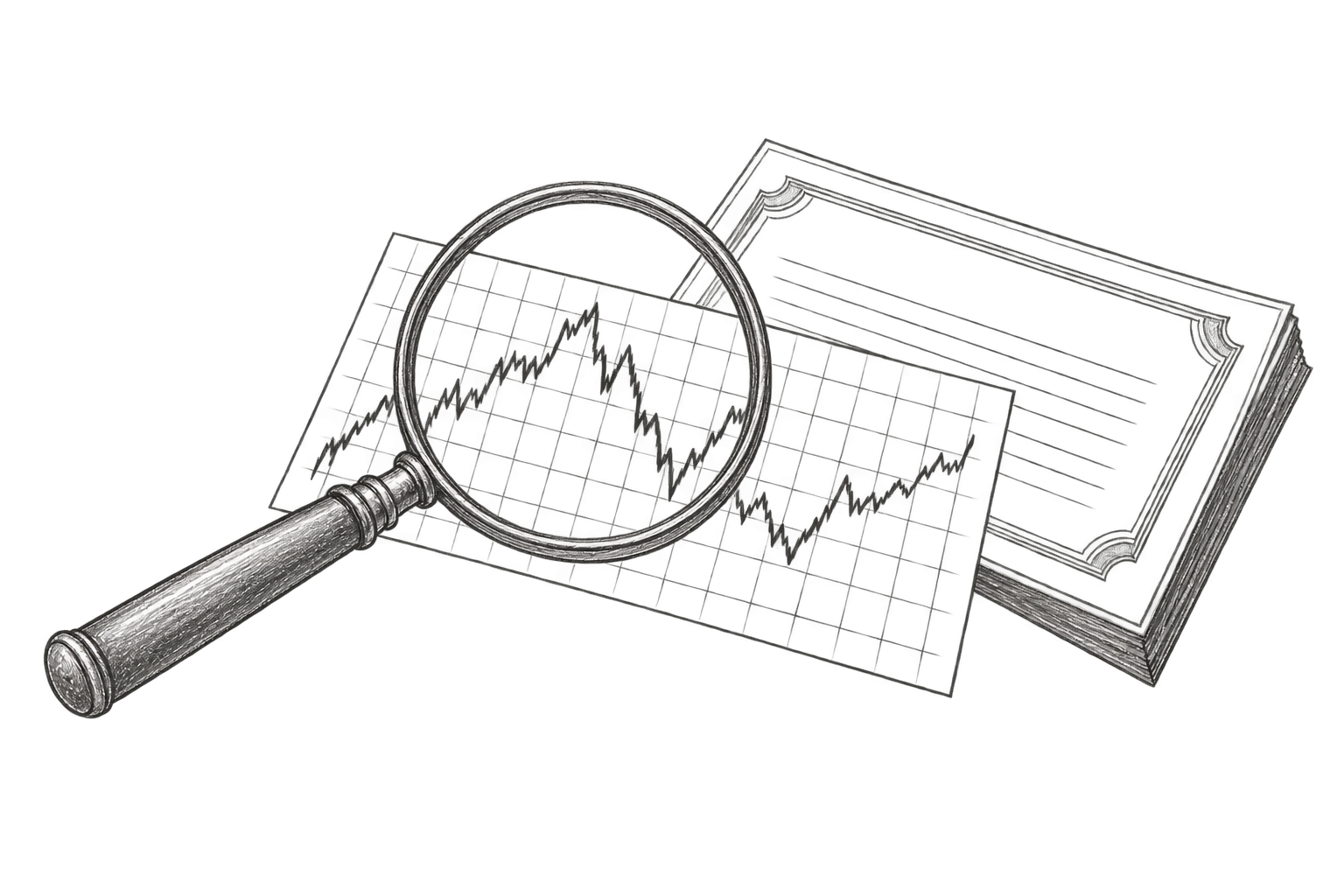 Pencil study of a magnifying glass, market chart and Treasury certificate