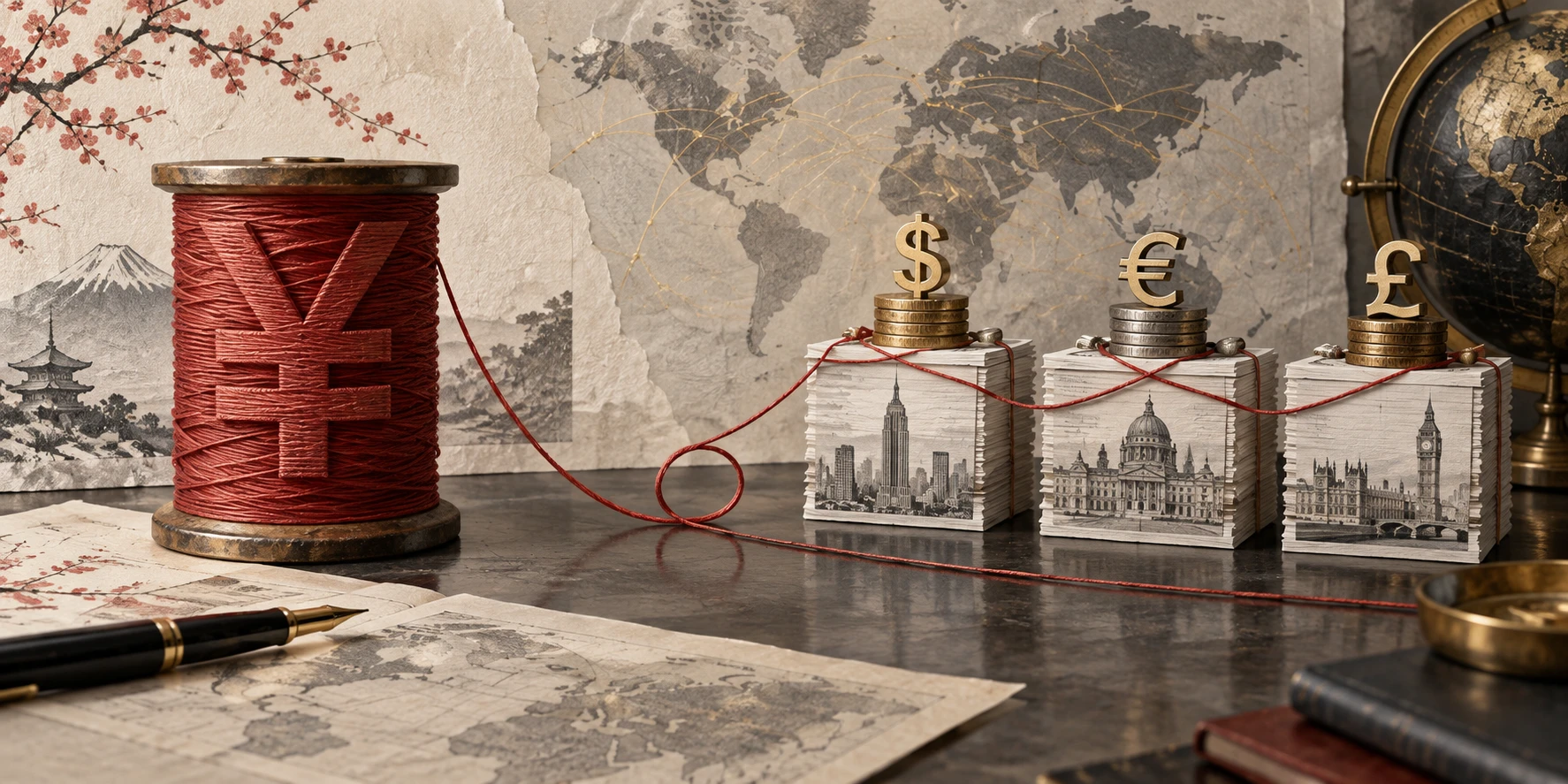 A spool of red thread marked with a yen symbol connects dollar, euro and pound investments, illustrating the yen carry trade.