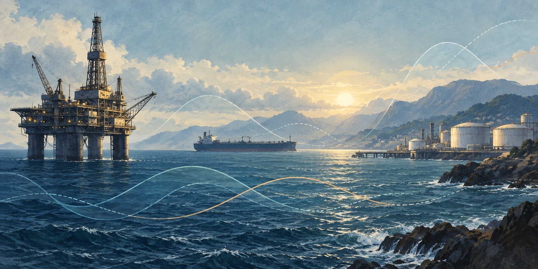 AI-generated editorial illustration of an offshore oil platform, a tanker and coastal storage tanks, with abstract curves suggesting alternative market scenarios.