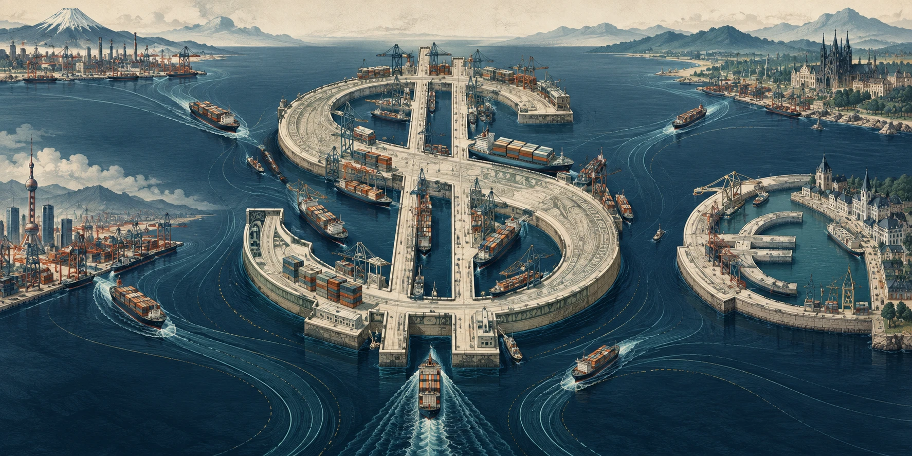 Cargo ships from industrial coastlines approach a vast dollar-shaped harbour, beside a smaller euro-shaped harbour, illustrating the differing capacity of reserve-asset markets.